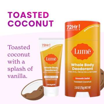 Lume Whole Body Deodorant - Invisible Cream Tube Mini and Solid Stick Bundle - 72 Hour Odor Control - Aluminum & Baking Soda Free, Skin Loving (Toasted Coconut)