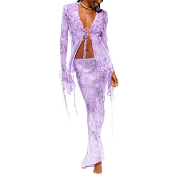 Zempertoopa Women Sexy Y2K Maxi Skirt Set Strapless Bodycon Lace Tube Top See Through 2 Piece Outfit...