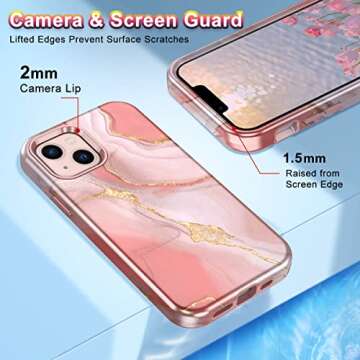 CASEFIV Compatible with iPhone 13 Case, Marble Pattern 3 in 1 Heavy Duty Shockproof Full Body Rugged Hard PC+Soft Silicone Drop Protective Girls Women Cover for iPhone 13 6.1 inch 2021, Pink White