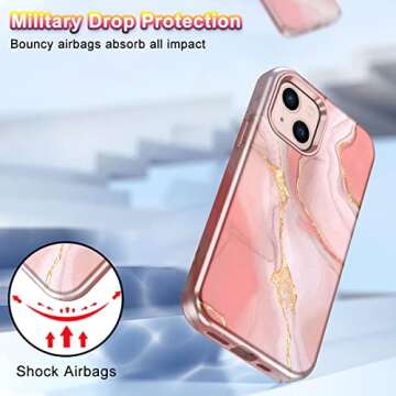 CASEFIV Compatible with iPhone 13 Case, Marble Pattern 3 in 1 Heavy Duty Shockproof Full Body Rugged Hard PC+Soft Silicone Drop Protective Girls Women Cover for iPhone 13 6.1 inch 2021, Pink White