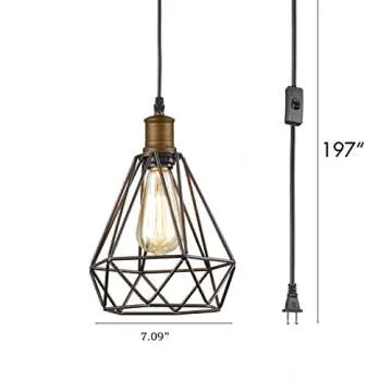 YUBOLE Industrial Farmhouse Plug in Pendant Light with On/Off Switch Wire Caged Hanging Pendant Lighting 16ft Cord