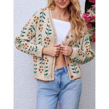 Saodimallsu Womens Floral Print V Neck Cardigan Open Front Button Down Knit Sweater Long Sleeve Loose Fashion Tops Off-White