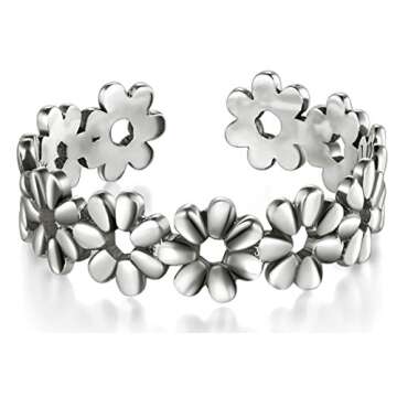 BORUO 925 Sterling Silver Toe Ring, Daisy Flower Hawaiian Adjustable Band Ring