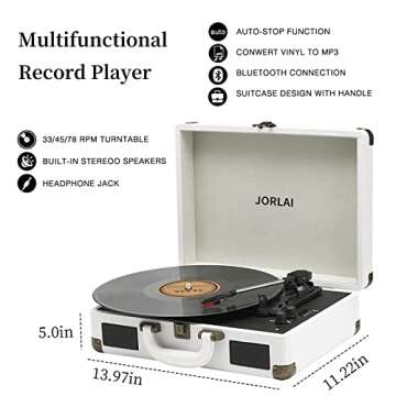 JORLAI Record Player Bluetooth Vinyl Turntable 3 Speed Vintage Record Players with Stereo Speakers Belt Driven Portable Nostalgic Phonograph White
