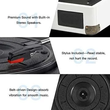 JORLAI Record Player Bluetooth Vinyl Turntable 3 Speed Vintage Record Players with Stereo Speakers Belt Driven Portable Nostalgic Phonograph White