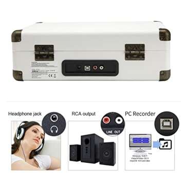 JORLAI Record Player Bluetooth Vinyl Turntable 3 Speed Vintage Record Players with Stereo Speakers Belt Driven Portable Nostalgic Phonograph White