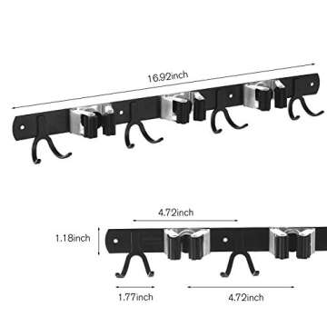 ENRCUOEYO Broom Mop Holder Wall Mount Closet Organizer,Stainless Steel Garden/Garage/Cleaning Tool Storage Organizer 17'', 3 Racks 8 Hooks, MR403