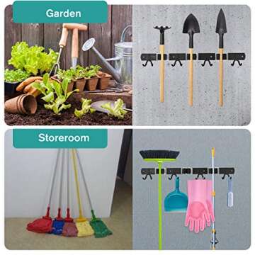 ENRCUOEYO Broom Mop Holder Wall Mount Closet Organizer,Stainless Steel Garden/Garage/Cleaning Tool Storage Organizer 17'', 3 Racks 8 Hooks, MR403