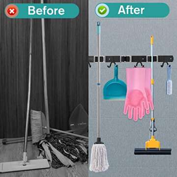ENRCUOEYO Broom Mop Holder Wall Mount Closet Organizer,Stainless Steel Garden/Garage/Cleaning Tool Storage Organizer 17'', 3 Racks 8 Hooks, MR403