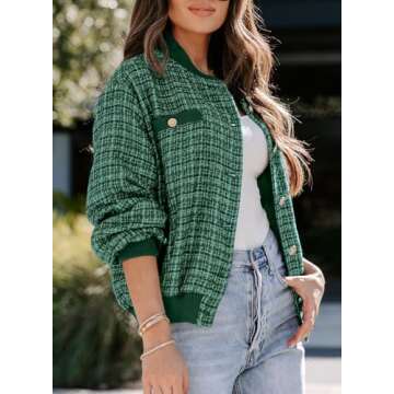 EVALESS Women's Fashion Jacket Oversized Button Stand Collar Shacket Jacket 2024 Fall Winter Trendy Outfits Ladies Long Sleeve Casual Cute Clothes Cropped Jackets with Pockets Green Medium