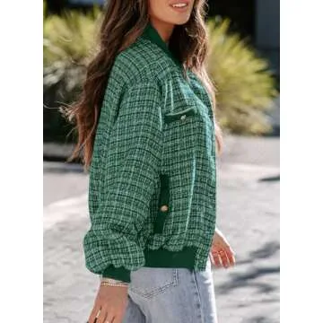 EVALESS Women's Fashion Jacket Oversized Button Stand Collar Shacket Jacket 2024 Fall Winter Trendy Outfits Ladies Long Sleeve Casual Cute Clothes Cropped Jackets with Pockets Green Medium