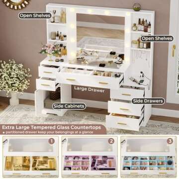 Hasuit 48.8'' Large Vanity Desk with Lighted Mirror & Power Outlet, White Makeup Vanity Table with 6...