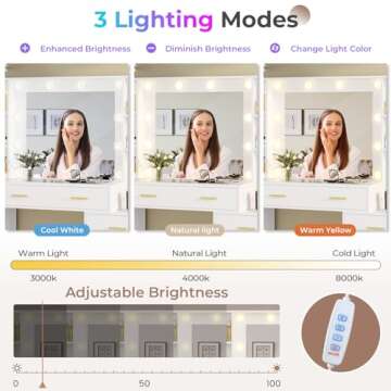 Hasuit 48.8'' Large Vanity Desk with Lighted Mirror & Power Outlet, White Makeup Vanity Table with 6 Drawers, 4 Shelves and 1 Storage Cabinet, Glass Tabletop Bedroom Dressing Table, 3 Lighting Modes