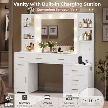 Hasuit 48.8'' Large Vanity Desk with Lighted Mirror & Power Outlet, White Makeup Vanity Table with 6 Drawers, 4 Shelves and 1 Storage Cabinet, Glass Tabletop Bedroom Dressing Table, 3 Lighting Modes