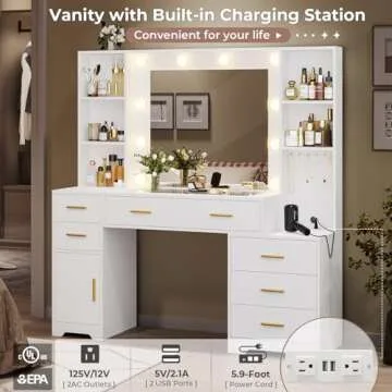 Hasuit 48.8'' Large Vanity Desk with Lighted Mirror & Power Outlet, White Makeup Vanity Table with 6 Drawers, 4 Shelves and 1 Storage Cabinet, Glass Tabletop Bedroom Dressing Table, 3 Lighting Modes