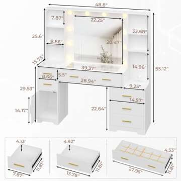 Hasuit 48.8'' Large Vanity Desk with Lighted Mirror & Power Outlet, White Makeup Vanity Table with 6 Drawers, 4 Shelves and 1 Storage Cabinet, Glass Tabletop Bedroom Dressing Table, 3 Lighting Modes