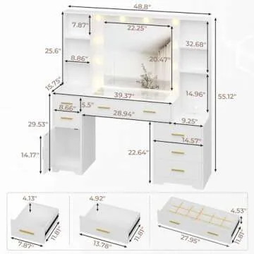 Hasuit 48.8'' Large Vanity Desk with Lighted Mirror & Power Outlet, White Makeup Vanity Table with 6 Drawers, 4 Shelves and 1 Storage Cabinet, Glass Tabletop Bedroom Dressing Table, 3 Lighting Modes
