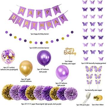 Ouddy Party Purple Birthday Decorations for Women Girls Butterfly Hanging Garland Happy Birthday and...