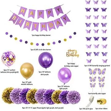 Ouddy Party Purple Birthday Decorations for Women Girls Butterfly Hanging Garland Happy Birthday and...