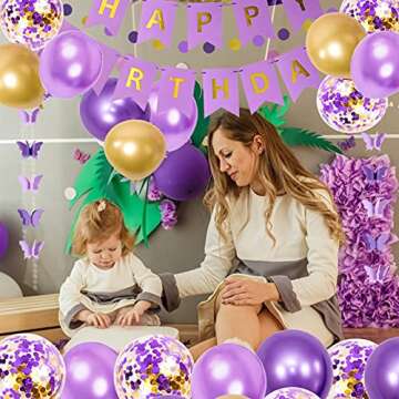 Ouddy Party Purple Birthday Decorations for Women Girls Butterfly Hanging Garland Happy Birthday and Circle Dots Banner Purple Gold Balloons Paper Flowers Cake Toppers for Birthday Party Supplies