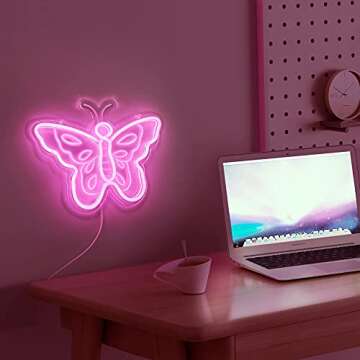 Pink Butterfly LED Neon Sign for Bedroom Wall Hanging Decor, 3D Art Personalized Neon Signs Aesthetic, Powered by USB, Light Up Perfect Decoration for Party, Wedding, Room. Holidays Present for Girls