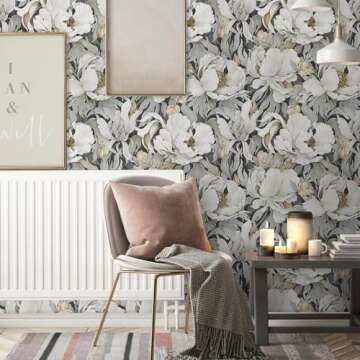 MuralPeel White Poppies Floral Modern Grey Peonies Flowers Peel and Stick Wallpaper Self Adhesive Re...