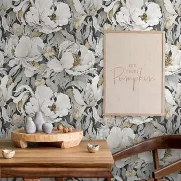 MuralPeel White Poppies Floral Modern Grey Peonies Flowers Peel and Stick Wallpaper Self Adhesive Removable Easy Peel Off Stick on Wall Paper for Bedroom Renter