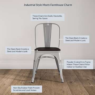 BELLEZE Metal Dining Chairs Set of 4, Stackable Metal Chairs Vintage Farmhouse Chairs with Detachable Backrest and Wood Seat, Weather Resistant Tolix Chair for Indoor Outdoor - Alexander (Silver)