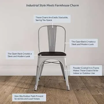 BELLEZE Metal Dining Chairs Set of 4, Stackable Metal Chairs Vintage Farmhouse Chairs with Detachable Backrest and Wood Seat, Weather Resistant Tolix Chair for Indoor Outdoor - Alexander (Silver)