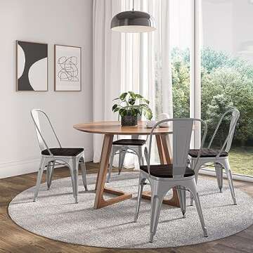 BELLEZE Metal Dining Chairs Set of 4, Stackable Metal Chairs Vintage Farmhouse Chairs with Detachable Backrest and Wood Seat, Weather Resistant Tolix Chair for Indoor Outdoor - Alexander (Silver)