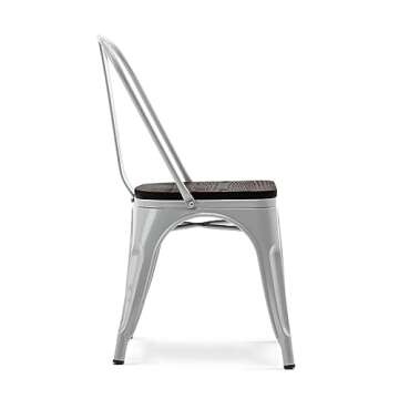 BELLEZE Metal Dining Chairs Set of 4, Stackable Metal Chairs Vintage Farmhouse Chairs with Detachable Backrest and Wood Seat, Weather Resistant Tolix Chair for Indoor Outdoor - Alexander (Silver)