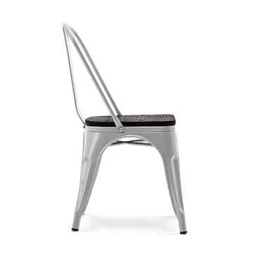 BELLEZE Metal Dining Chairs Set of 4, Stackable Metal Chairs Vintage Farmhouse Chairs with Detachable Backrest and Wood Seat, Weather Resistant Tolix Chair for Indoor Outdoor - Alexander (Silver)