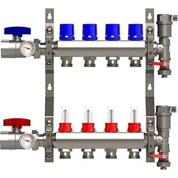 4 Loop Manifold Stainless Steel Pex 0-2 GPM Radiant Heating, with 1/2" Pex Fittings
