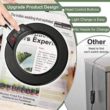 Krstlv 10X Magnifying Glass with Light and Clamp, Upgrade Button 5 Color Modes, Stepless Dimmable LE...