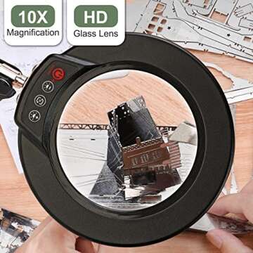 Krstlv 10X Magnifying Glass with Light and Clamp, Upgrade Button 5 Color Modes, Stepless Dimmable LED Lighted Desk Lamp, Hands Free Magnifier with Light and Stand for Craft Hobby Reading Close Work