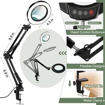 Krstlv 10X Magnifying Glass with Light and Clamp, Upgrade Button 5 Color Modes, Stepless Dimmable LED Lighted Desk Lamp, Hands Free Magnifier with Light and Stand for Craft Hobby Reading Close Work