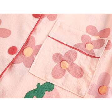 Hupohoi Big Girls Button Down Pajama Set 3pcs Short Sleeve Long Pants with Shorts Crepe Wrinkled Fabric Sleepwear Cute Patterns Nighty, Strawberry, 8