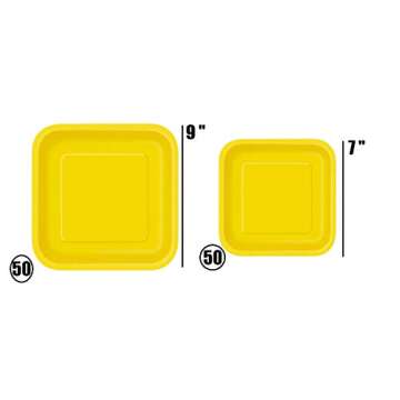 Oojami 100 Count Square yellow Paper Plates 50~9" Dinner Paper Plates 50~7" Dessert Paper Plates Yellow Party Theme