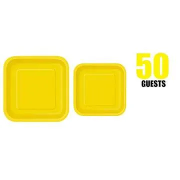 Oojami 100 Count Square yellow Paper Plates 50~9" Dinner Paper Plates 50~7" Dessert Paper Plates Yellow Party Theme