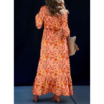 Dokotoo Womens Casual Loose Bohemian Floral Dress with Pockets Smocked Waist Long Sleeve Button Down...