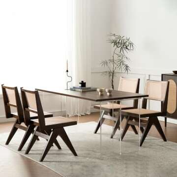 HoeuThien Cane Dining Chairs Set of 2 Armless Kitchen Dining Room Side Chair Wooden Mid-Century Modern Cofy Retro Woven Oak Chair Dark Brown