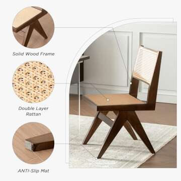 HoeuThien Cane Dining Chairs Set of 2 Armless Kitchen Dining Room Side Chair Wooden Mid-Century Modern Cofy Retro Woven Oak Chair Dark Brown