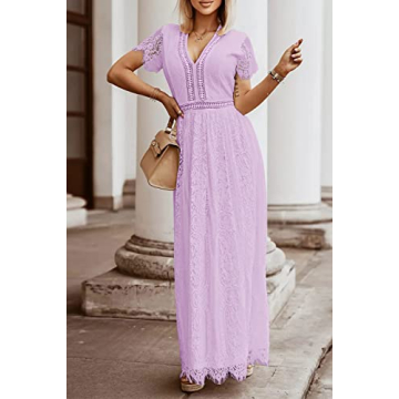MEROKEETY Women's 2024 V Neck Short Sleeve Floral Lace Wedding Dress Bridesmaid Cocktail Party Maxi Dress, Lightviolet, Large