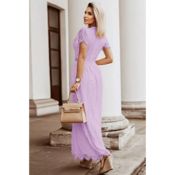 MEROKEETY Women's 2024 V Neck Short Sleeve Floral Lace Wedding Dress Bridesmaid Cocktail Party Maxi Dress, Lightviolet, Large