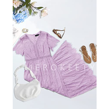 MEROKEETY Women's 2024 V Neck Short Sleeve Floral Lace Wedding Dress Bridesmaid Cocktail Party Maxi Dress, Lightviolet, Large