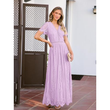 MEROKEETY Women's 2024 V Neck Short Sleeve Floral Lace Wedding Dress Bridesmaid Cocktail Party Maxi Dress, Lightviolet, Large