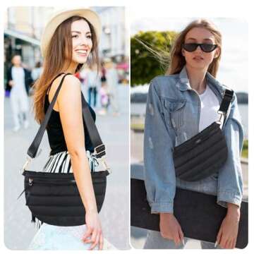 Dealkion Quilted Crossbody Bags for Women Puffer Fanny Pack Sling Bag Puffy Chest Belt Bum Waist Bag Crossbody Purse Bags Quilted Shoulder Bag for Women