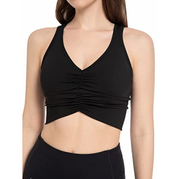 FITTIN Women Shirred Front Sports Bra Padded Racerback Yoga Crop Tank Top with Removable Pads Longli...