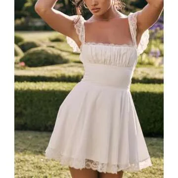 NUFIWI Women Ruffle Mini Dress Fairy Vintage Bodycon Square Neck Swing Short Dress Lace Trim Flare Party Y2k Dresses(J Flare White,S)