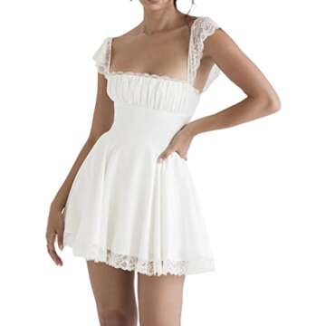 NUFIWI Women Ruffle Mini Dress Fairy Vintage Bodycon Square Neck Swing Short Dress Lace Trim Flare Party Y2k Dresses(J Flare White,S)